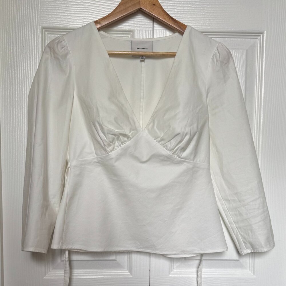 Reformation Marisa Top V-Neck Tie Back 3/4 Sleeve White Color Size 4